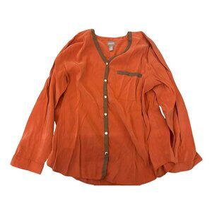 Chicos Womens Snap Button Shacket Blouse Sz 3 L Orange Brown Trim Fall